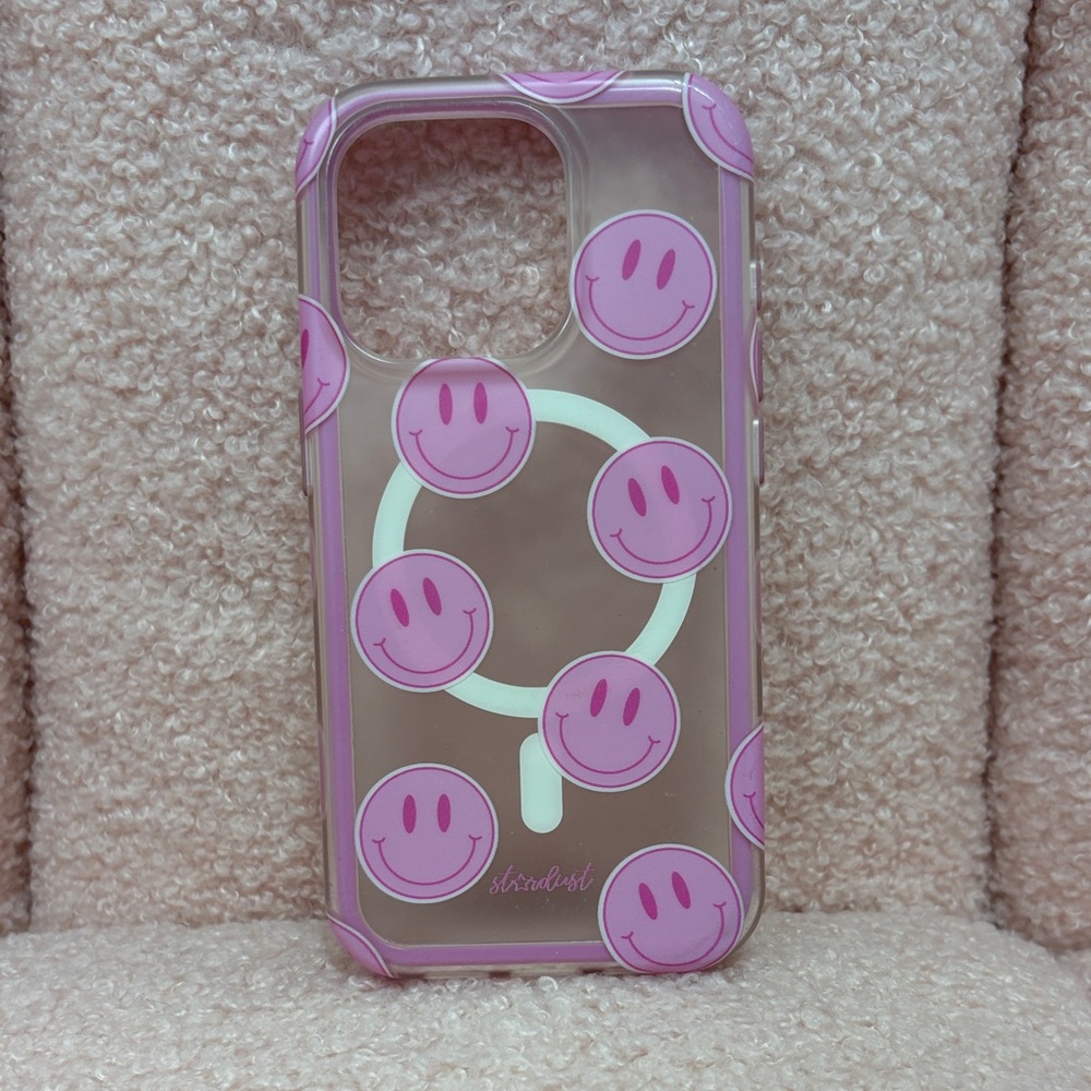 Smiley Face Clear Phone Case - Pink Accents for iPhone 15 pro‎